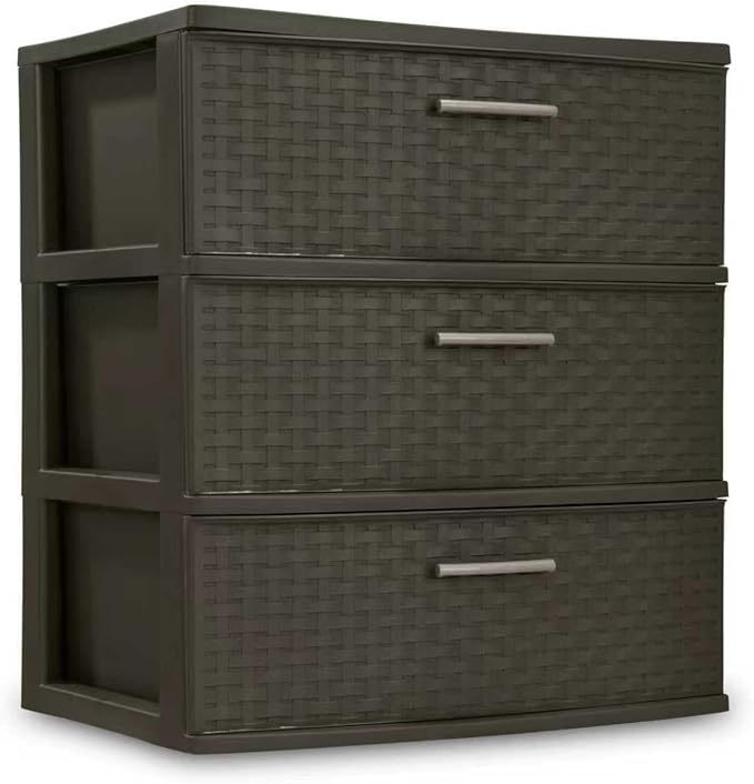 3 drawer wide woven storage cabinet, coffee colored