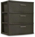 3 drawer wide woven storage cabinet, coffee colored