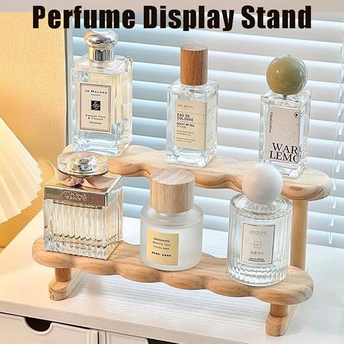 Double Deck Wooden Display Riser Stand, Minifigures Doll Model Organizer Stand,Small Plant Perfume Jewelry Storage Rack for Desktop Window Sill Bar