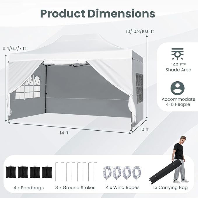Tangkula 10x14 FT Pop Up Canopy, Outdoor Tent with 4 Sidewalls, Roll-up Door, Wheeled Bag, 4 Sandbags, 8 Stakes, 4 Wind Ropes, Portable Canopy Tent for Beach Party Event Camping (White)