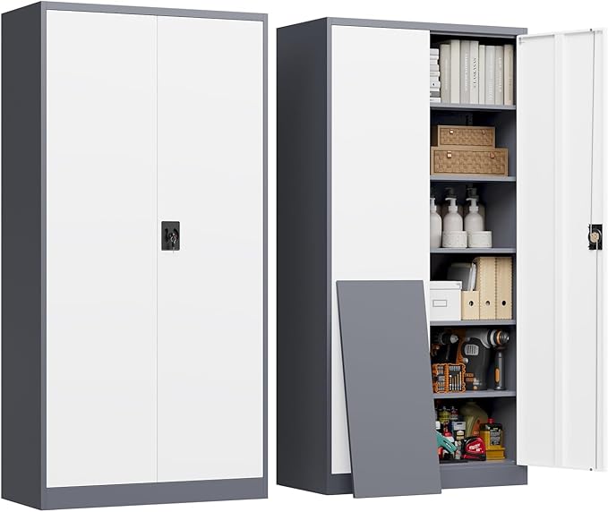 Metal Cabinet,Locking Storage Cabinet with 2 Doors and 5 Adjustbale Shelves,72" Tall Tool Steel Cabinets for Garage,Home Office,School,Gym(Grey & White)