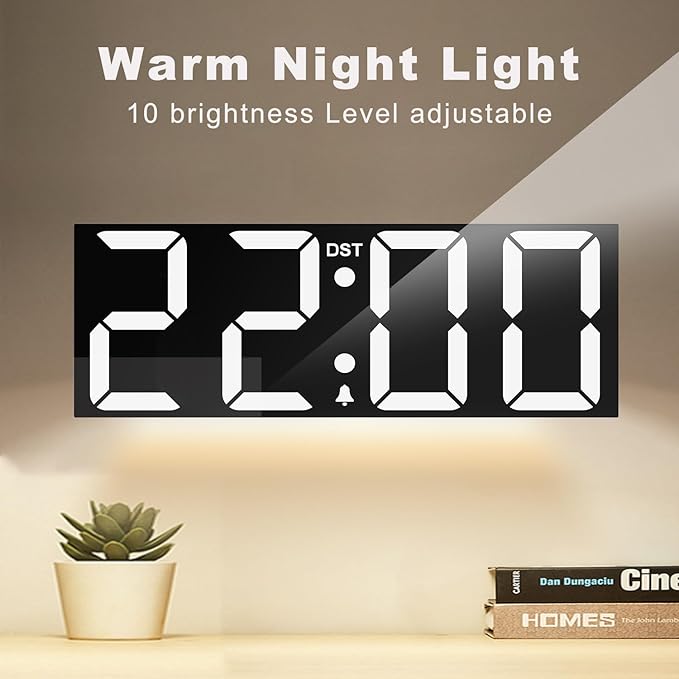 JALL 22'' Large Digital Wall Clock, Big LED Number Dispaly, DST, Night Light for Classroom, Living Room, Bedroom, Mounted, Birthday Xmas Gift for Senior, Mem Womem Mom Dad, White