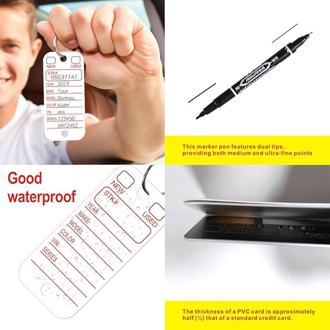 500 Pcs PVC Tags with Labels and Rings, Car Key for Organization, Identifiers, and Luggage Tags with 4 Pcs Markers, Plastic Keychain Tags for Car, Truck, and Dealer Use