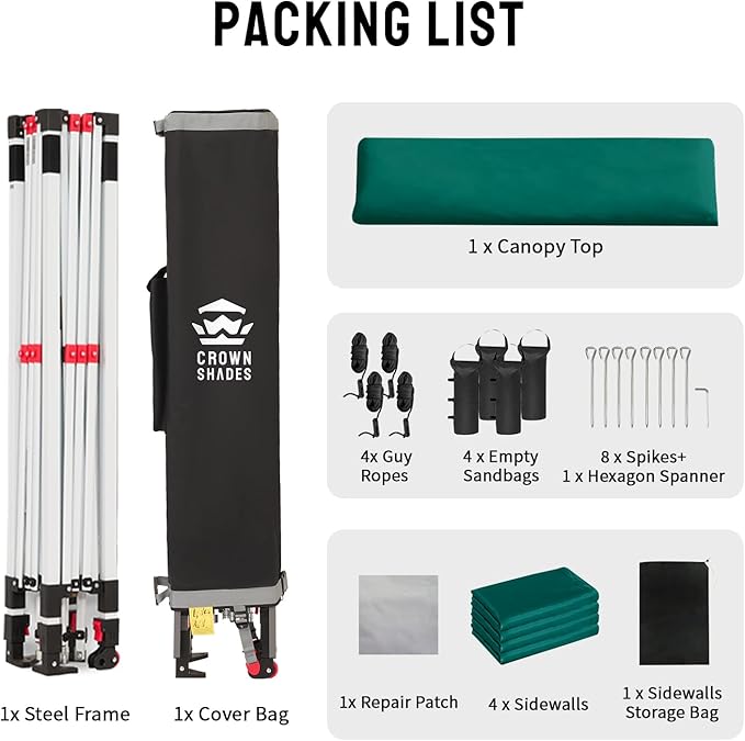 CROWN SHADES 10X10 Comercial Instant Canopy Pop Up Tent with Center Lock, 300D Fabric, 4 Sidewalls, Sto'N Go Bag, Forest Green