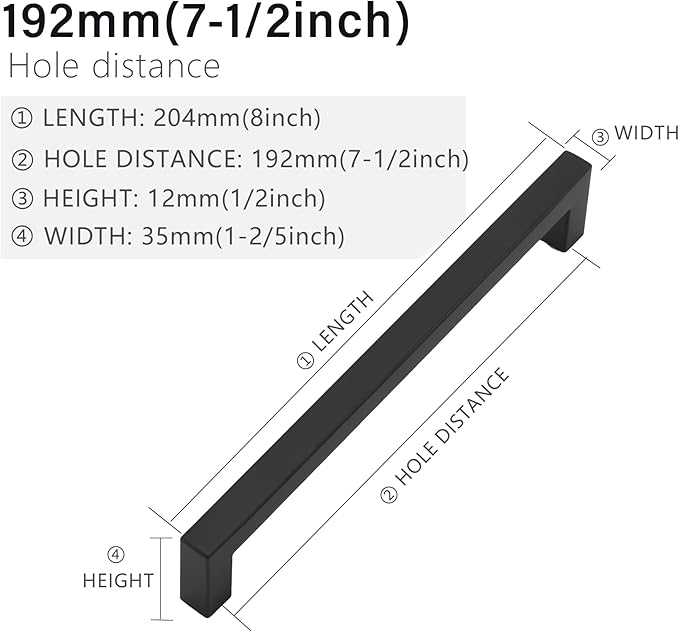 Cabinet Pulls Matte Black Cabinet Handles Square Drawer Pulls, 2 Pack 7-1/2 Inch Stainless Steel Kitchen Door Cupboard Cabinet Handles, Drawer Hardware Handles, 192mm Hole Centers