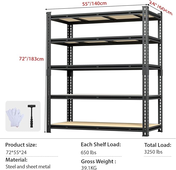 72" H Garage Shelving 3250 LBS Storage Shelves Heavy Duty，5 Tier Adjustable Metal Shelving Unit for Storage Rack Warehouse, Pantry, Closet, Kitchen (72 * 55 * 24)