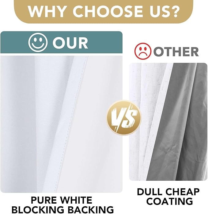 H.VERSAILTEX Primitive Linen Curtains 100% Blackout Curtain Drapes Burlap Curtains with White Thermal Insulated Liner, Grommet Top Drapes Living Room/Bedroom (2 Panels, 42 x 84 Inch, Bright White)