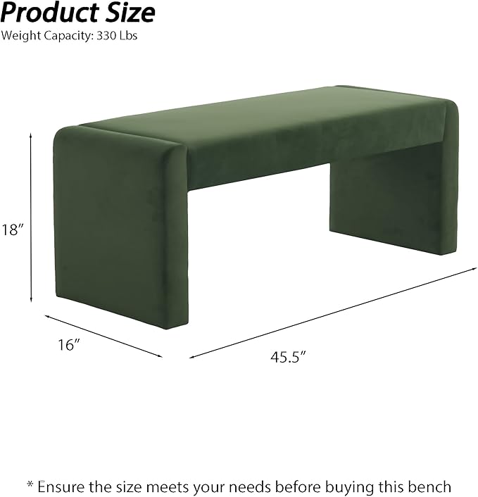 Velvet Entryway Bench End of Bed Bench Upholstered Modern Window Bench Comfy Ottoman for Dining Room/Bedroom/Living Room/Hallway/Indoor (Olive Green)
