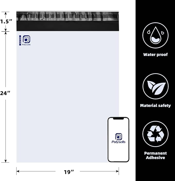 POLYSELLS 300 19x24 Inch White Pack Large Poly Mailers Shipping Envelopes, Strong Adhesive Sealing, Waterproof, and Tear-resistant Postal Mailing Bags for Clothing, and Accessories