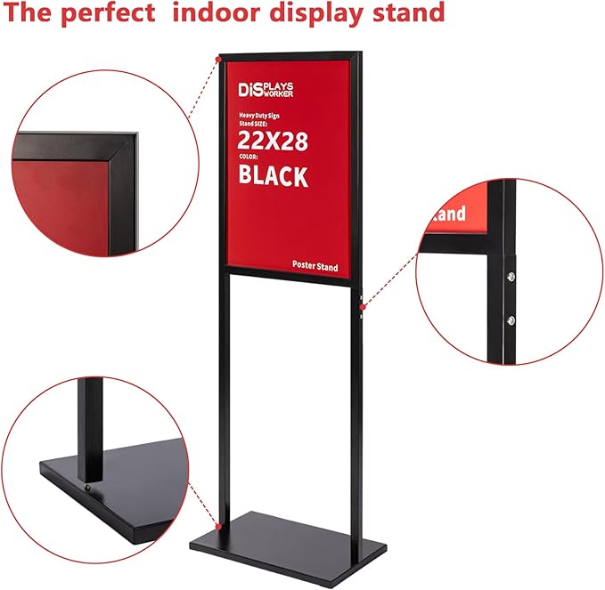DISPLAYSWORKER Sign holder floor stand, heavy Duty Pedestal poster banner stand for display,22×28 inch slide-in double sided poster sign holder floor standing for board Display (Black, 22×28)