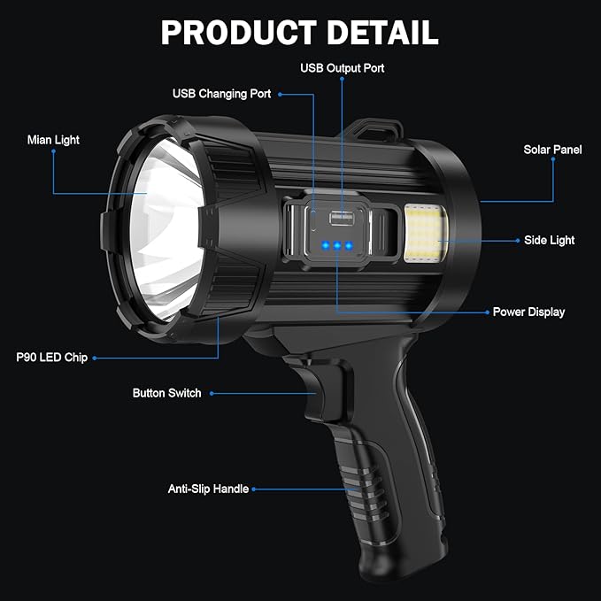 Spotlight Rechargeable, 99,000 Lumens Super Bright Handheld Flashlight, Outdoor Led Spot Light with Cob Light and Solar Panels for Boating Camping Home