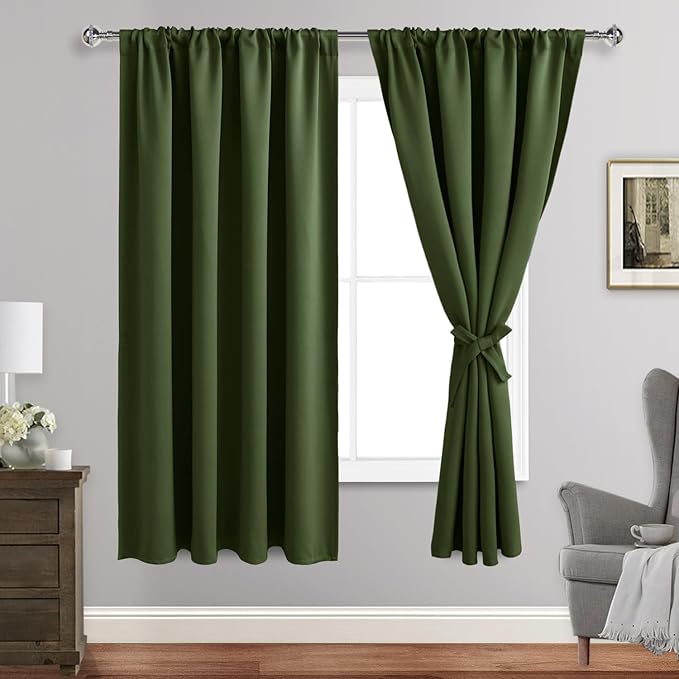 JIUZHEN Blackout Curtains for Bedroom - Thermal Insulated Room Darkening Rod Pocket Curtains for Living Room, Set of 2 Panels with Tiebacks, 52 x 72 Inch Length, Olive Green