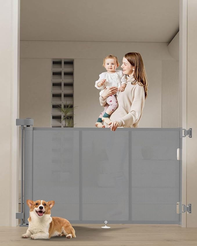 71 inch Retractable Baby Gates 34 inch Tall, Retractable Gate with Reinforced Strip Design to Prevent Crawling Through, 6 FT Retractable Dog Gate for Stairs, Doorways, Hallways, Indoor/Outdoor