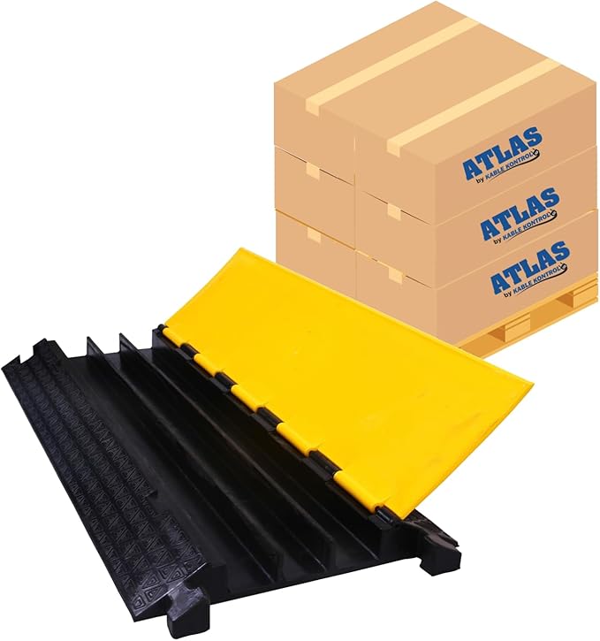 Kable Kontrol Atlas Cable Protector Wire Ramp - 3 Channel Bulk Wholesale Pallet - 10 Pcs - 35” Long Black & Yellow - 24000 Lbs Load Capacity - Rubber Speed Bump Wire Protector Cord Cover - CP9973