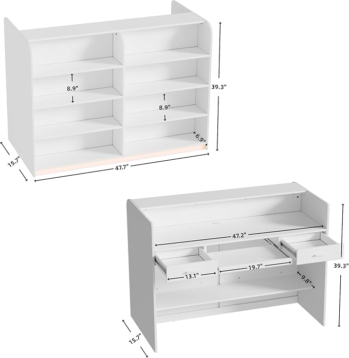 PAKASEPT Reception Desk with Counter for Retail & Checkout,Modern Front Reception Counter with LED Lights,Drawers & Open Shelves,Retail Counter with Storage for Countertop,Beauty Salon,Shop,Bar,White