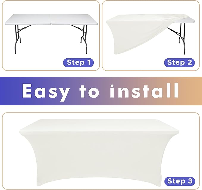 Nasitos 2 Pack 8 ft Ivory Table Cover Rectangle Table-Open Back Spandex Stretch Tablecloths Fitted Washable Fabric Wrinkle-Free, Trade Show Tablecloth for Parties, Birthday, Craft Show, Banquet