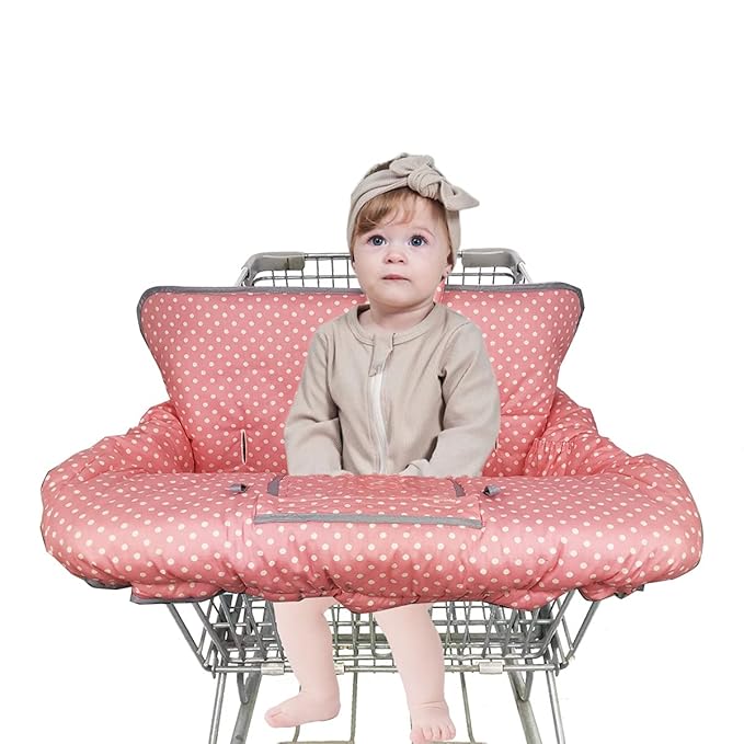 ICOPUCA Shopping Cart Cover, 2 in 1 cart Cover for Babies N high Chair Cover, Padded Grocery cart Cover for Baby Girl boy, with 1” Thick/Removable/Reversible Cushion, Pink dots;