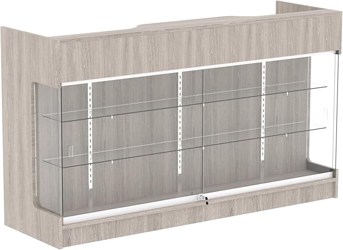 72" W x 22" D x 42" H - Glass Showcase Display Cabinet with Lockng, Black Ledgetop Counter with Showcase Front, Retail Counter Glass Display Cabinet (Gray Wood Grain)
