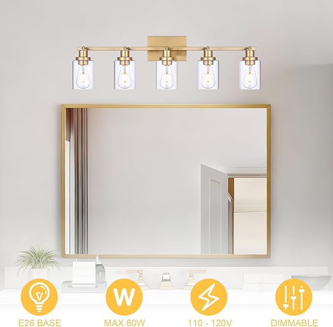 5-Light Multi-Directional Rotating Kitchen Tracking Lights Gold, Modern Track Lighting Fixture with Clear Glass, Bathroom Ceiling Vanity Lights Track Lighting Kits for Kitchen Accent Shop