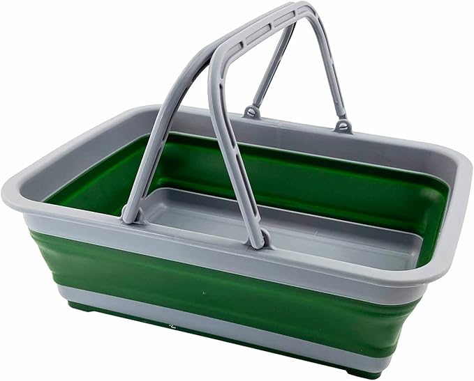 SAMMART Collapsible Basket with Handle 8L (2.1 Gallon) - Portable Outdoor Picnic Basket/Crate -Foldable Basin for Washing Dishes,Camping,Hiking (Grey/Shamrock)