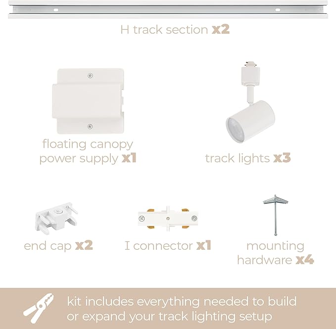 Amped Collection 3-Light 48in Field Cuttable LED Track Lighting Kit with 3 LED 3000K Warm White Track Heads, 4ft Track, End Caps, Floating Feed in White Finish