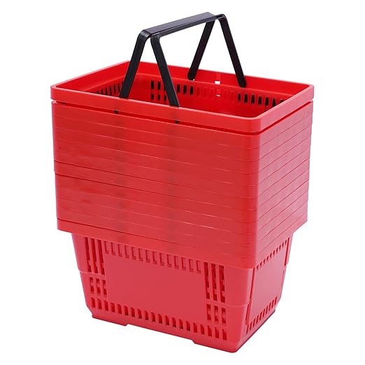 12Pcs 18L Shopping Baskets with Handles, Portable Plastic Retail Grocery Baskets Large Capacity for Stores, Supermarket, Retail, Groceries Shopping (Red)