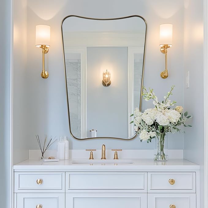 ANDY STAR Gold Vanity Mirror, 26x38 Inch Brushed Gold Asymmetrical Wall Mirror, Antique Brass Bathroom Mirror in Anti-Rust Stainless Steel Metal Frame, Large Decorative Mirror, Butterfly Shape