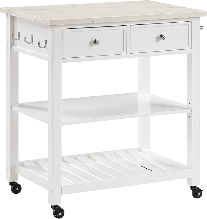 OSP Home Furnishings Litchfield Modern Farmhouse Kitchen Cart, Solid Wood Frame with Storage Drawers, Shelves, Locking Casters, White with Faux Marble Top