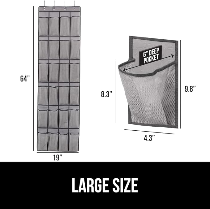 GORILLA GRIP Over the Door Shoe Organizer, 24 Extra Large Breathable Mesh Pockets, Space Saving Hanging Storage Holder, 4 Hook Closet Rack Hanger, Hangs on Closets for Shoes and Accessories, Gray
