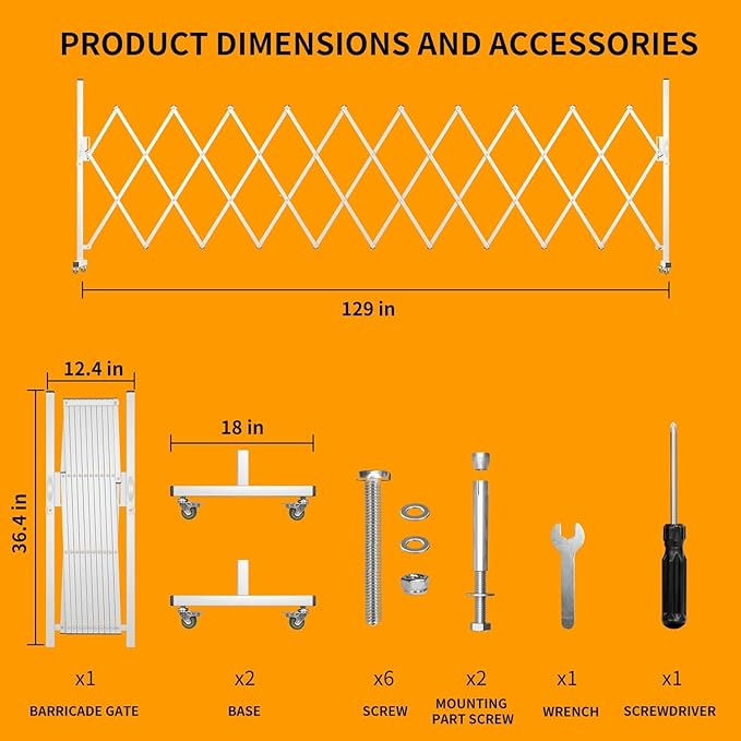 Expandable Barricade Gate,129” Metal Safety Barrier Gate with Casters,Accordion Garden Yard Outdoor Indoor Fence Folding Security Dog Gates Wall Mount,White