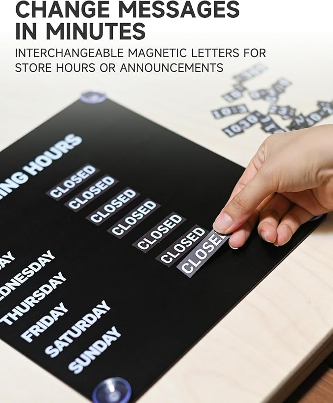 Metal Business Hours Sign with Suction Cups - Magnetic Open Closed Display Board for Storefront Window, Glass Door, Tile Wall & Counter - Changeable, Reusable & Rust-Resistant Steel Kit