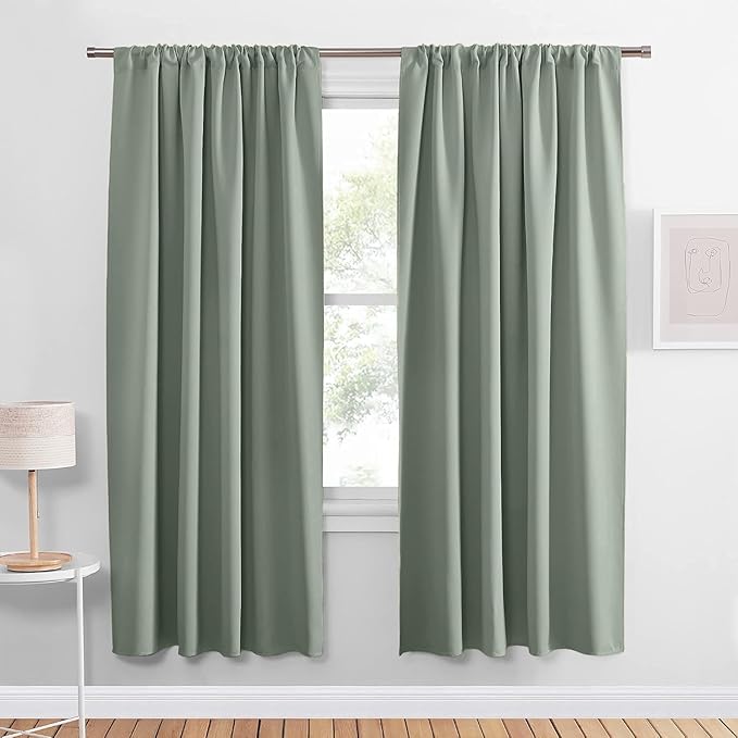 PONY DANCE Blackout Curtains 63 inch Length 2 Panels Set, Rod Pocket Thermal Insulated Sage Green Black Out Drapes for Living Room, Noise Reducing Window Treatment for Bedroom, 42 x 63 inch Length