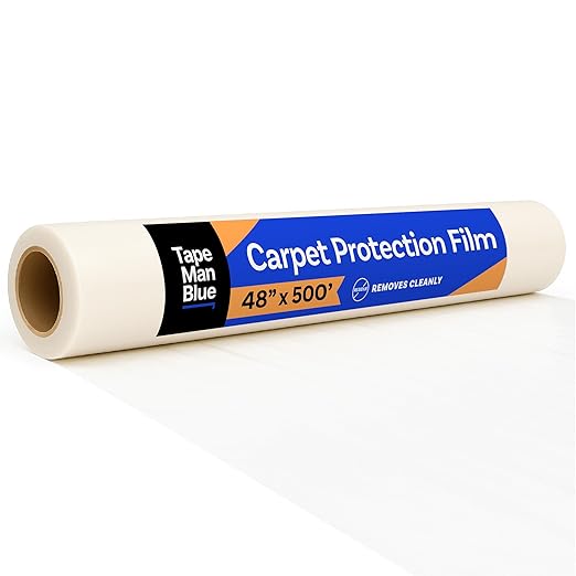TapeManBlue Carpet Protection Film, 48 inch x 500 feet, Made in The USA, Strong and Durable Self-Adhesive Plastic Carpet Protector with Easy Unwind and Clean Removal