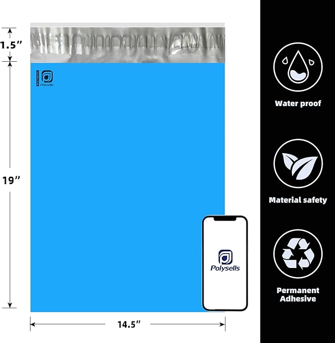 POLYSELLS 500 pcs 14.5x19 Inches Blue Poly Mailers Shipping Envelopes, Strong Adhesive Sealing, Waterproof, and Tear-resistant Postal Mailing Bags for Clothing, Books, and Accessories