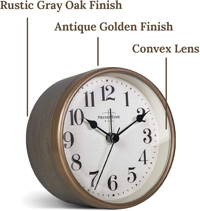 Presentime & Co 4" Vintage Tabletop Alarm Mantel Clock, Desk and Shelf Clock, Silent no Ticking, Rustic Grey Oak and Antique Gold Finish. Tabletop Décor, Home Décor, Farmhouse Décor.