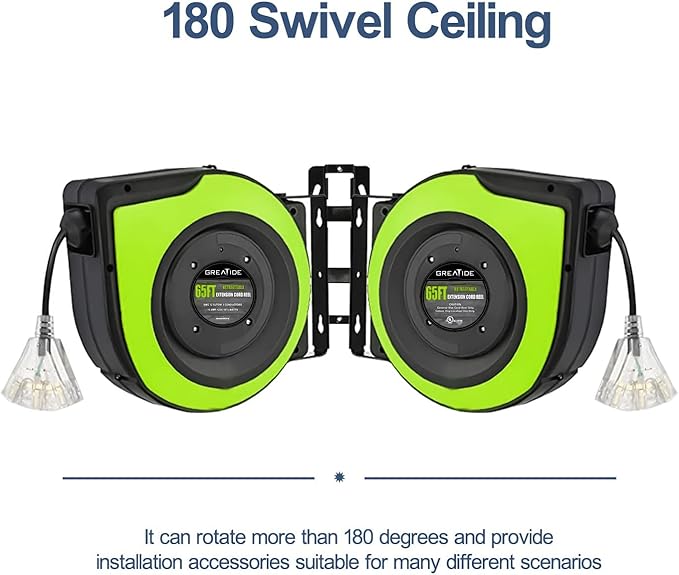 Retractable Extension Cord Reel, 65 Feet 12 AWG/3C SJTOW Heavy Duty Power Cord,15 AMP Circuit Breaker, 3-Lighted Triple Outlets, Ceiling or Wall Mount,Green