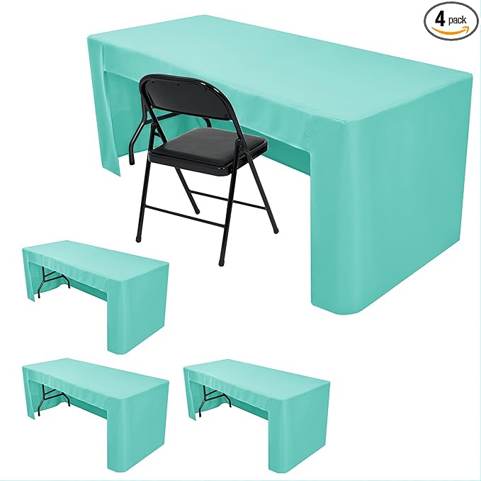 HolidayIdeas Open Back Fitted Tableclothss for 6 Foot Rectangle Table, Wrinkle Resistant Washable Table Covers 72x30 Inch for Craft Fairs, Banquets, Baby Shower, Aqua,4 Pcs