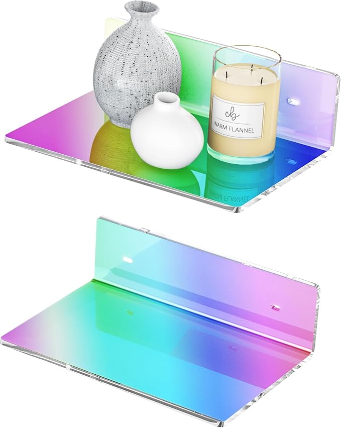 9 Inches Iridescent Floating Shelves Acrylic, White Wall Shelves for Living Room Décor, Bedroom, Bathroom, Kitchen, Dining Room, Brand Store, Retails, Gaming Room, 2 Pack