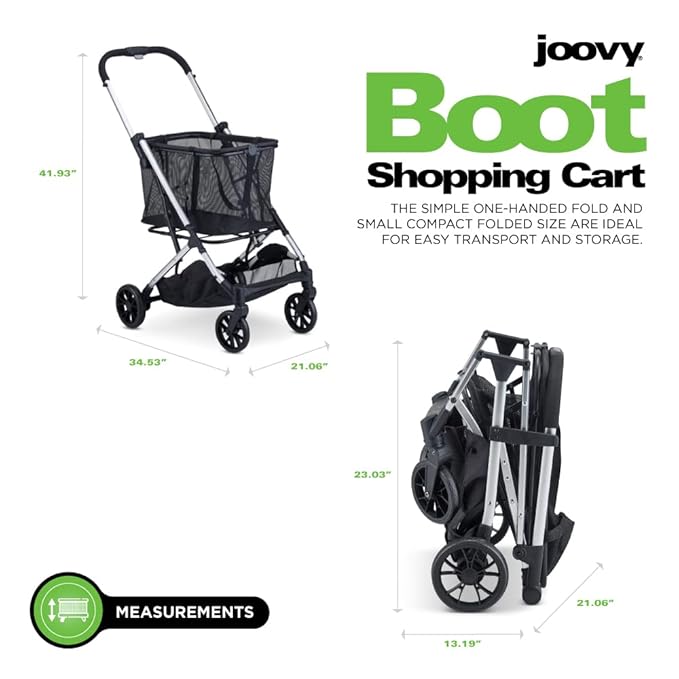 Joovy Boot Shopping Cart Featuring 70 lbs Total Weight Capacity, Stylish Removable Tote, Swivel Tires for Easy Steering, One-Handed Compact Fold, and One-Step Parking Brake (Silver Frame)