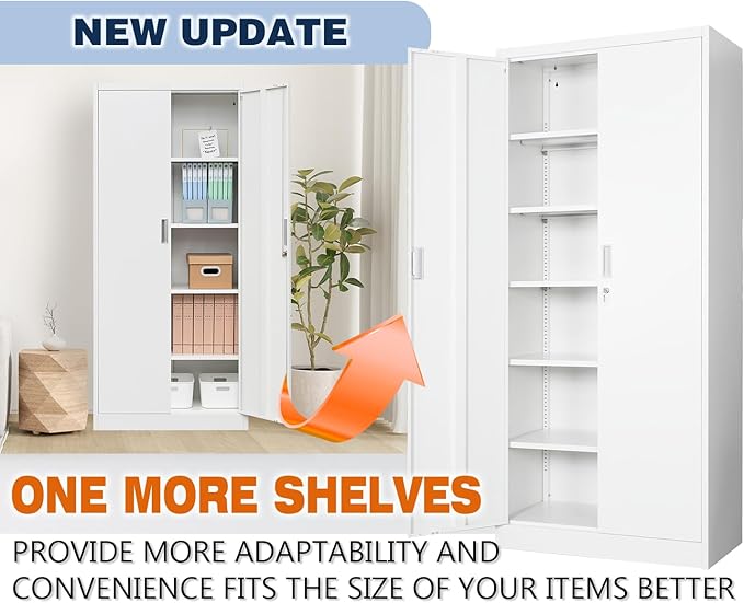BESFUR Metal Cabinet with 5 Adjustable Shelves and 2 Lockable Doors, 71" H Locking Cabinet for Garage, Classroom and Office -White