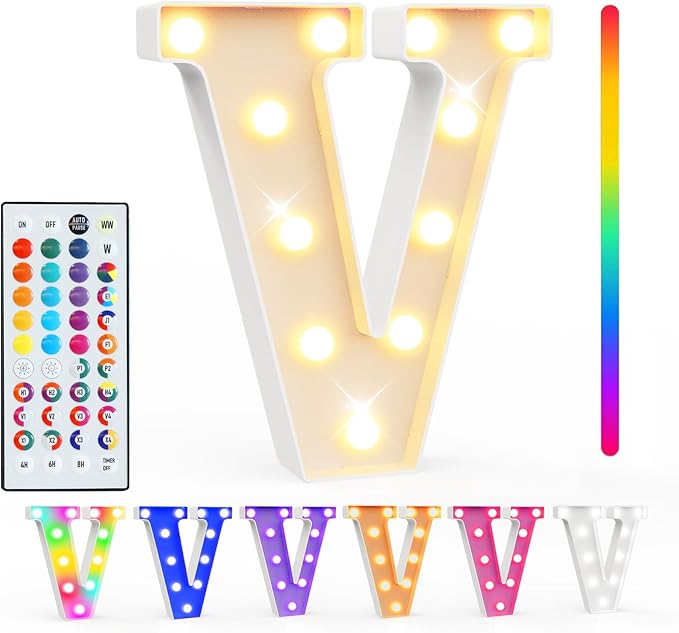 Pooqla Colorful Light Up Letters with Remote, Upgraded 35 Colors LED Marquee Letters, RGB Lighted Letter for Girls Teenager Gift, Birthday, Party, Wedding, Night Light, Room, Bedroom Decor, Letter V
