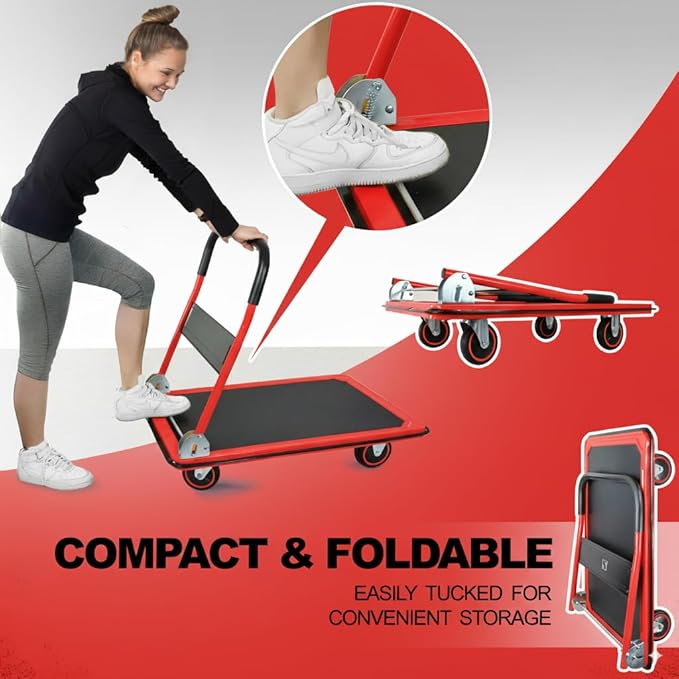 Push Cart Dolly by Wellmax, Moving Platform Hand Truck, Foldable for Easy Storage and 360 Degree Swivel Wheels with 330lb Weight Capacity, Red Color