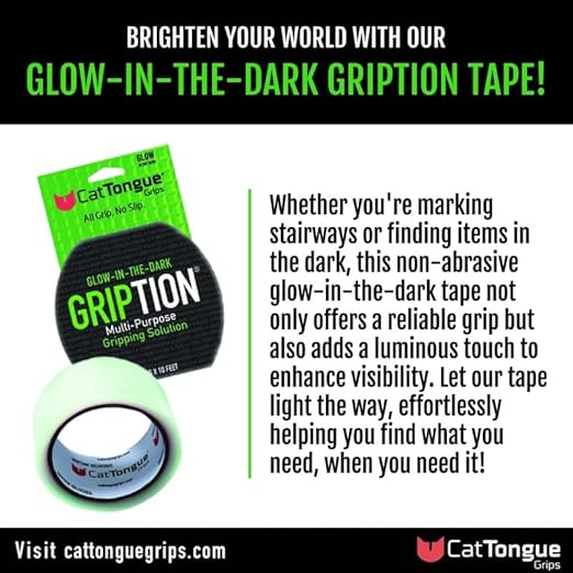 CATTONGUE GRIPS Non-Abrasive Grip Tape Wrap - 2” Thick Heavy-Duty, Waterproof Anti-Slip Tape for Wrapping Tools, Bats, Gym Equipment - Indoor & Outdoor Anti-Slip Solution (Glow in The Dark, 10ft)