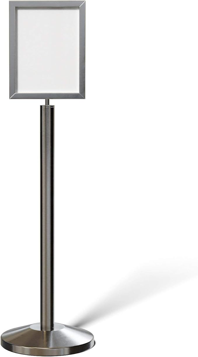 Crowd Control Warehouse Pedestal Standing Floor Sign Frame with Sloped Base, 11 x 14 Inch Vertical, Satin Stainless Steel