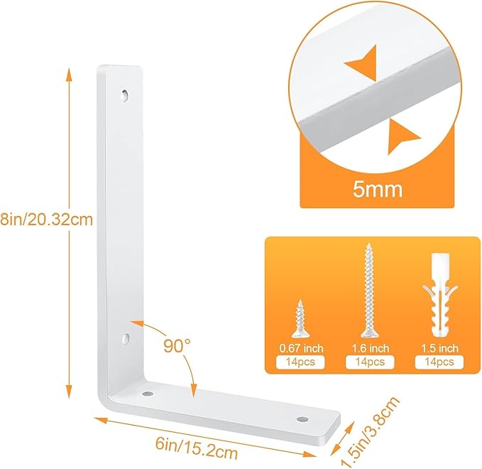 White Floating Shelf Bracket 8 Inch, 4 Pack Heavy Duty Shelf Brackets, Wall Shelf Bracket for DIY Decorative with Mounting Hardware
