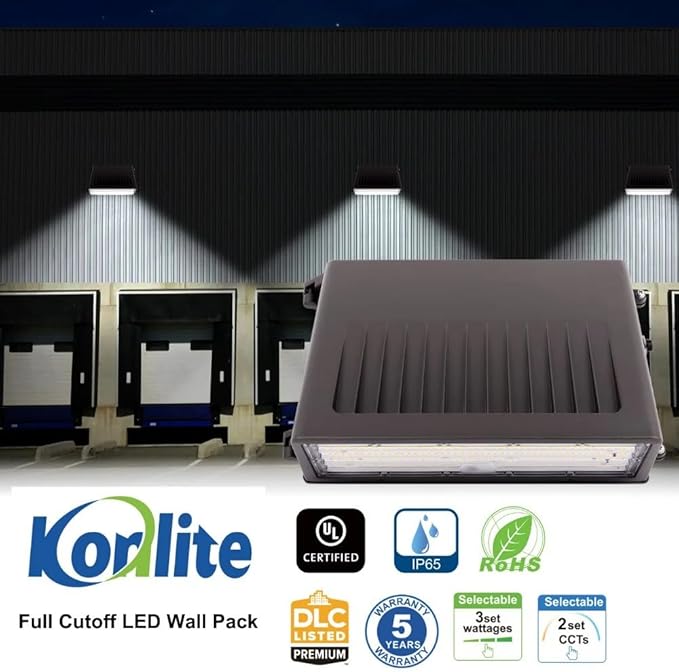 Konlite - 90W/63W/45W Full-Cutoff LED Wall Pack Lights, Selectable Wattage & CCT (5000K/4000K/3000K), LED Wall Light, Energy Efficient, Durable, Outdoor Commercial Wall Pack Light, 14,900LM
