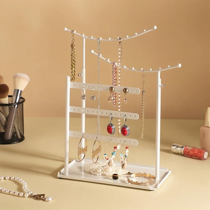 LAMU Jewelry Organizer, 5 Tier Jewelry Stand Display with Anti Entanglement Necklace Holder Tree, Height Adjustable Stroage for Earrings Rings Studs Bracelet, Christmas Gifts for Women Girls, White