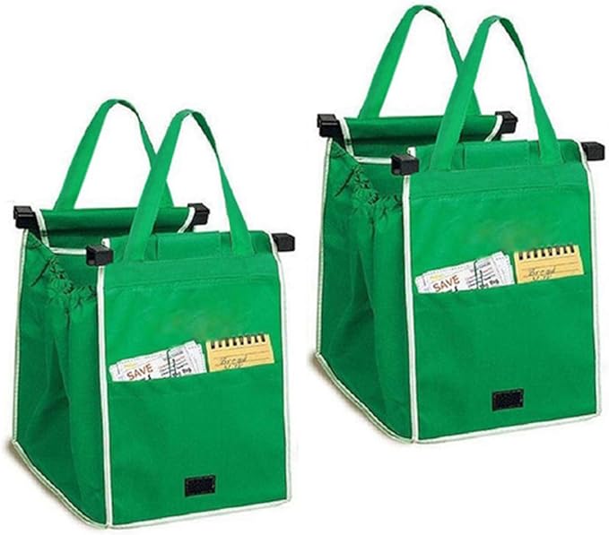 2Pack Reusable Shopping Trolley Bags Grab and Go Bag Collapsible Grocery Tote Bags with Handles, Clip on Shopping Cart As Seen On TV