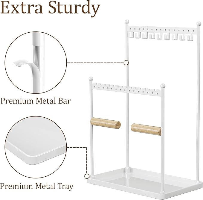 Jewelry Tower Necklace Holder Organizer – 3-Tier Jewelry Display Rack with Storage Tray – Holds 22 Pairs of Earrings, Bracelets, Rings, Necklaces – Gift for Girls & Women, White