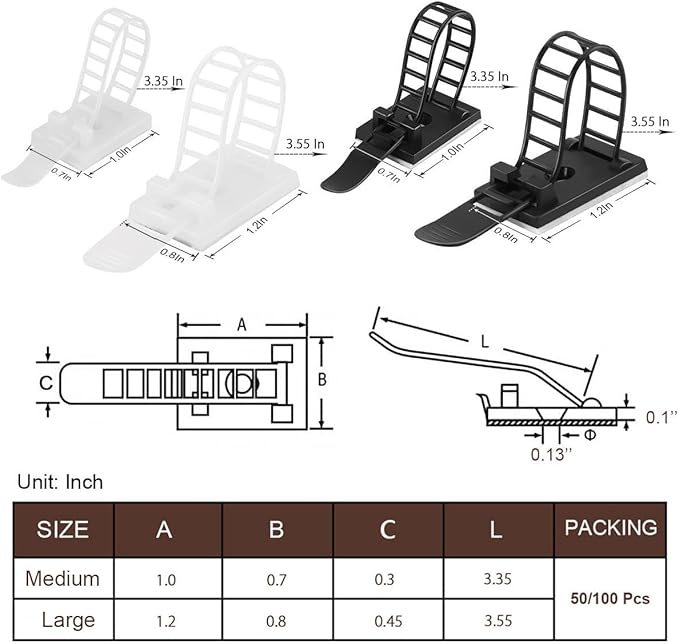 Adhesive Cable Management Clips, 100Pcs Adjustable Nylon Cable Strap Ties Wire Clips Clamps Organizer with Strong Adhesive Tape, Extra Screw & Hole for Strong Fixation Home Office - 3.35 Inch White